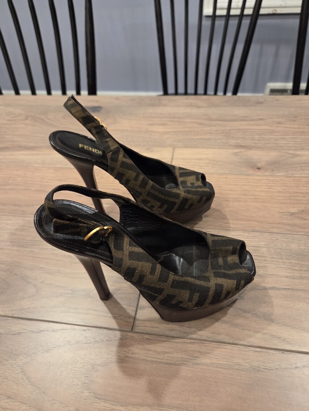 Fendi Brown FF Logo Peep-Toe Slingback Heels